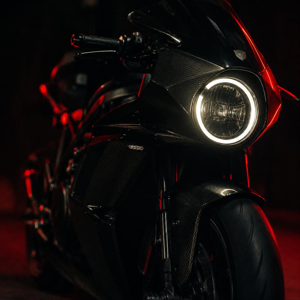 Close-up of a motorcycle headlight glowing at night