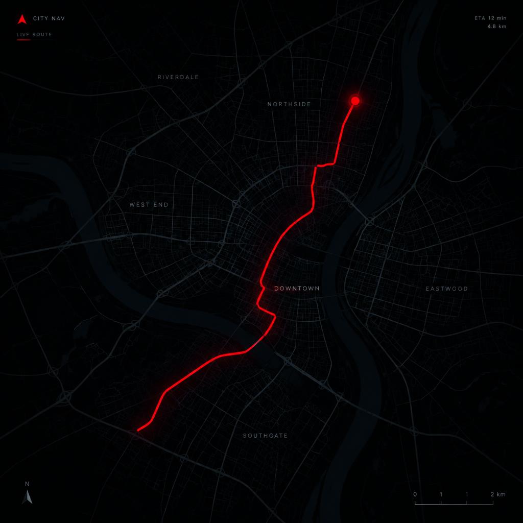 A dark city map with a glowing red route